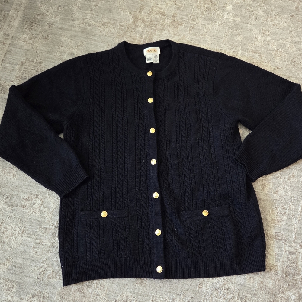 Talbots 100% Wool Navy Cable Knit Sweater With Gold Buttons